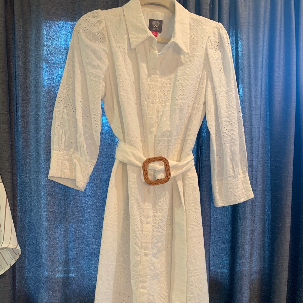 Vince Camuto White Eyelet Belted Dress Sz. 8